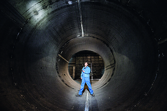 Mitarbeitender in blauem Overall im Inneren eines Großbehälters